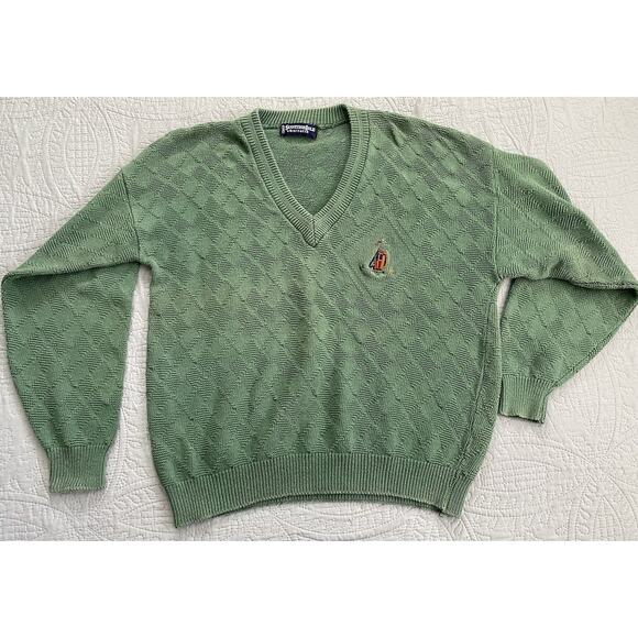 Vintage Scottish Isle Green Embroidered Golfing L S Green Sweater Read - Picture 1 of 7
